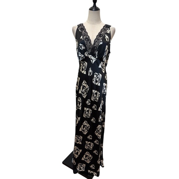 Topshop Dresses & Skirts - Topshop  Black‎ Satin Slip Dress Lace Rose Print Sz 8 Dark Coquette Whimsigoth